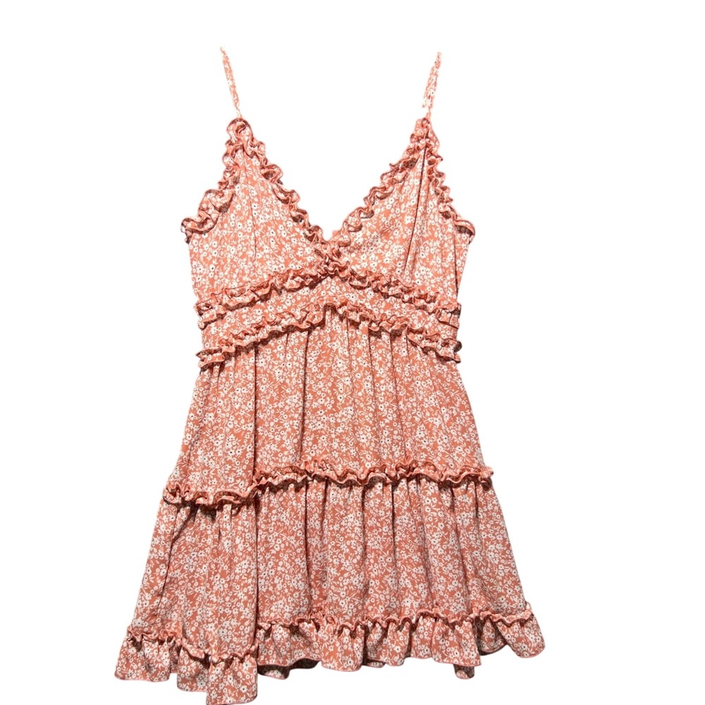 IRIS Floral Ruffle Tiered Mini‎ Summer Dress Coral Pink White Large